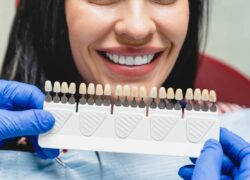 Whitening concept. Dental care, implants,veneers. Woman with perfect smile choosing teeth tooth tone