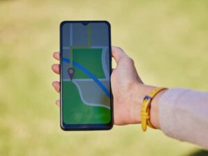 Woman, hand and phone for travel map, gps or sightseeing location research in nature park, forest o