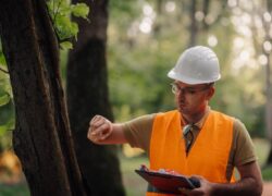 Forestry engineer wearing safety helmet and vest, inspecting trees in a lush forest, taking notes on a clipboard and checking the time on his watch