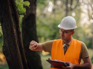 Forestry engineer wearing safety helmet and vest, inspecting trees in a lush forest, taking notes on a clipboard and checking the time on his watch