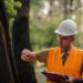 Forestry engineer wearing safety helmet and vest, inspecting trees in a lush forest, taking notes on a clipboard and checking the time on his watch
