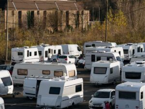 Caravan park with white cars in Bordeaux.